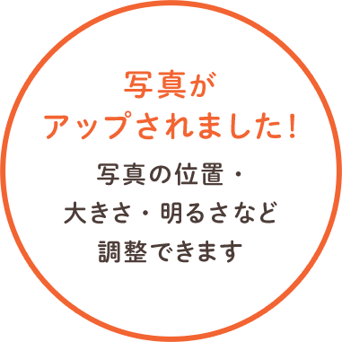 画像がアップされました 写真の位置や向き、大きさ、明るさなど調整可能です。
